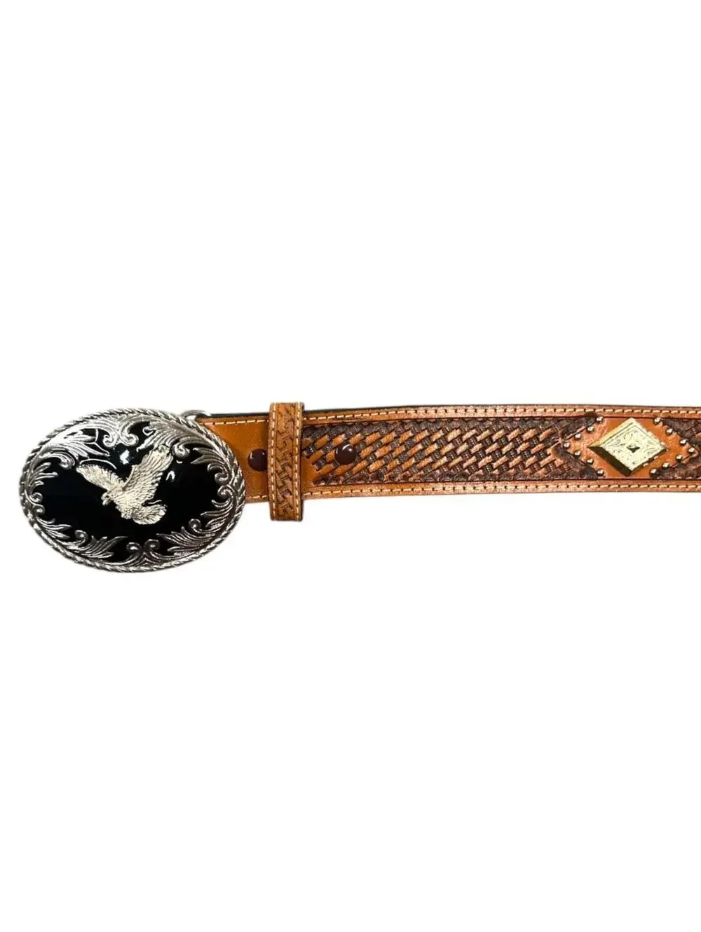 Western Style Tooled Leather Belt With Silver Eagle Buckle